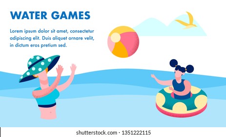 Summer Vacation Activities Flat Banner Template. Water Games Lettering with Text Space. Cartoon Mother and Daughter Throwing Ball. Girl Swimming in Floating Ring. Seaside Resort Advertisement Design