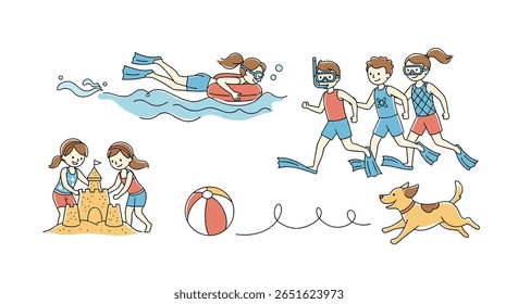 Atividades de férias de verão na praia com a família e os amigos desfrutando do sol e das ondas do oceano