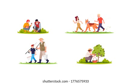 Summer vacation activities semi flat vector illustration set. People collecting mushroom in forest. Children play with dog. Family 2D cartoon characters collection for commercial use