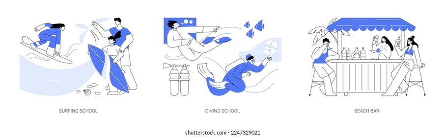 Summer vacation activity abstract concept vector illustration set. Surfing school, diving school, beach bar, surfboard and wetsuit rental, water sport, tropical cocktail recipe abstract metaphor.