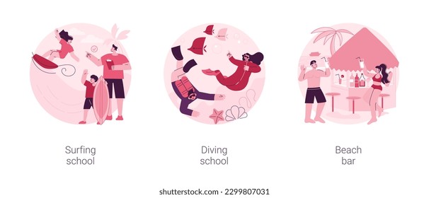 Summer vacation activity abstract concept vector illustration set. Surfing school, diving school, beach bar, surfboard and wetsuit rental, water sport, tropical cocktail recipe abstract metaphor.