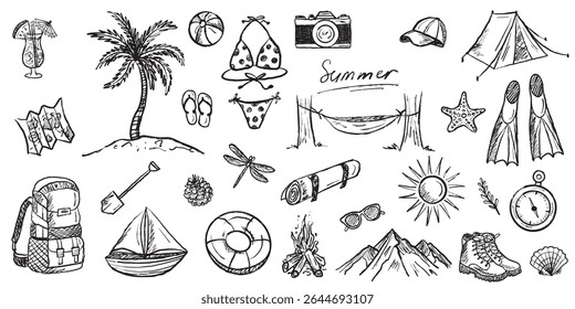Summer vacation activity. Sea shore vs mountain camping equipment in black brush stroke texture isolated on white. Hand drawn vector sketch illustration in vintage charcoal ink. Tourism
