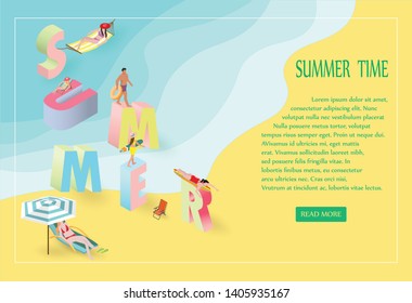 Summer vacation ads template with people in summer, girls in bathing suits, sand, sea, beach, big letters, beach summer accessories. isometric illustration - Vector 
