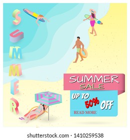 Summer vacation ads template with people in summer, girls in bathing suits, sand, sea, beach, big letters, beach summer accessories. isometric illustration - Vector 