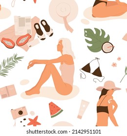 Summer vacation aesthetic seamless pattern. Resting women, objects, fruits, leaves. Tanning girls, clothing, accessories. Vector illustration in cartoon style. Isolated white background