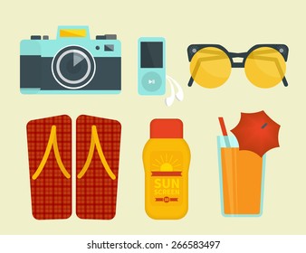 Summer vacation attributes. Illustration of camera, sunglasses, sunscreen and cocktail