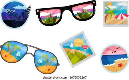 Summer Vacation Attributes with Sunglasses and Photographs Vector Set