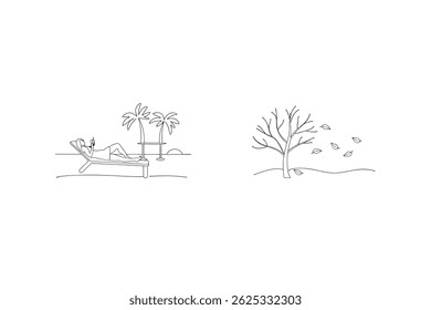 Summer Vacation And Autumn Season Line Art Contrast Illustration Vector