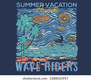 summer vacation awaits. Summer good vibe graphic print design for t shirt print, poster, sticker, background and other uses. Palm tree colorful retro print artwork. surfing beach. Wave riders design. 