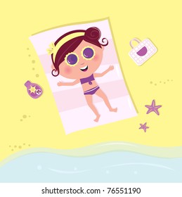 Summer & vacation: babe sunbathing on beach. Vector Illustration.