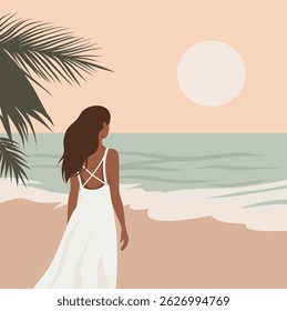 Summer vacation. Back view. Girl on vacation in white beach dress walking on the beach. Sea, sky, seagulls, sandy shore. Vector illustration in color icons for vacation and travel projects