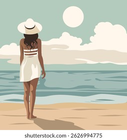 Summer vacation. Back view. Girl on vacation in a white dress and hat walking along the beach. Sea, sky, seagulls, sandy shore. Vector illustration in color icons for vacation and travel projects