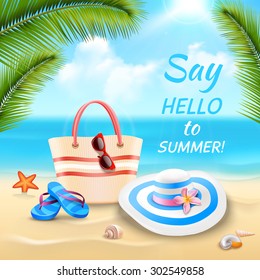 Summer vacation background with beach bag hat and flip-flops on sand realistic vector illustration