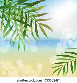 Summer vacation background, beach, palm trees and sea. Vector.