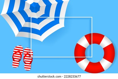 Summer vacation background. Beach umbrella. lifebuoy and beach sandals. Top view