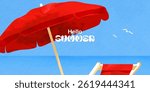 Summer vacation background. Blue sky, clouds, birds, umbrella, beach. Watercolor texture. Sea, ocean landscape. Leisure time.