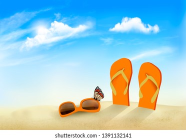 Summer vacation background. Flip flops, sunglasses and a butterfly on a beach. Vector