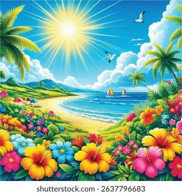 Summer Vacation Background – Free Vector Template for Download - Free Download of Summer Ocean View Background - Sunset at the Beach – Free Summer Background in Vector