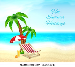 Summer vacation background. Palm tree, deck chair with umbrella and fresh orange juice on a tropical beach. EPS10 vector