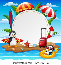 Summer vacation background with penguins on island