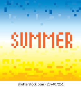Summer vacation background. Pixel art old graphic style.