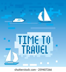 Summer vacation background. Pixel art old graphic style.