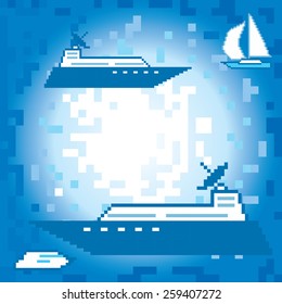 Summer vacation background. Pixel art old graphic style.