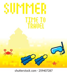 Summer vacation background. Pixel art old graphic style.