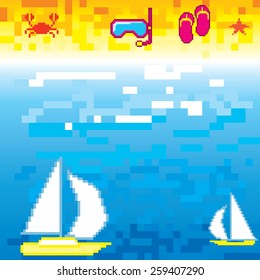 Summer vacation background. Pixel art old graphic style.