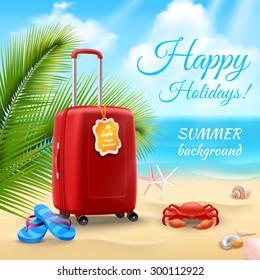 Summer vacation background with realistic suitcase on tropical beach vector illustration