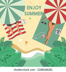 Summer vacation background relaxed people seaside icons. Vector Illustration.