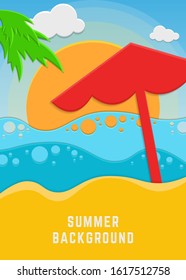 Summer vacation background with sea, sky and sun. Vector design for template, cover, card
