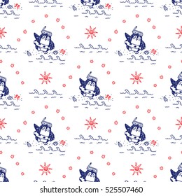 Summer vacation background. Seamless pattern with a funny penguin. Leisure at sea