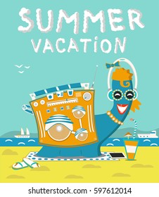 Summer vacation background. Snail relaxing on the beach. Vector illustration. EPS 10.