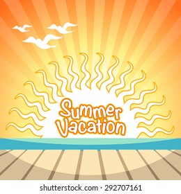 Summer vacation background with sunset view from wooden pier