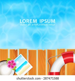 Summer vacation background. Topical sea and beach with flip-flop, coconut and photo frame. EPS10 vector
