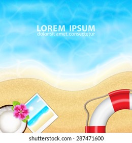 Summer vacation background. Topical sea and beach with coconut, flower, lifebuoy and photo frame. EPS10 vector