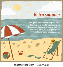 Summer vacation background or travel agency poster with sand beach parasol and chaise lounge retro vector illustration