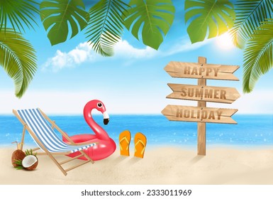 Summer vacation background. with Travel items and flamingo on the sea. Vector.