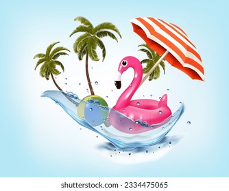 Fondo de vacaciones de verano. con artículos de viaje, flamingo y palmeras en el agua salpicada. Vector.