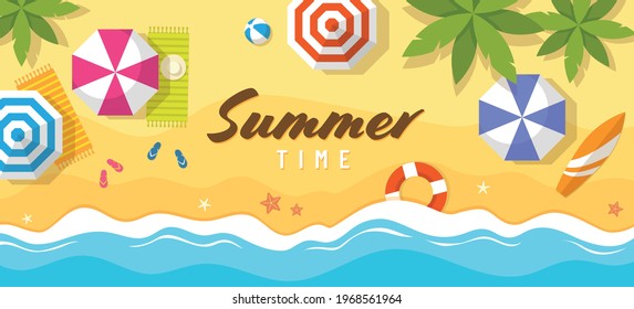 Summer vacation background. Tropical beach top view vector illustration.