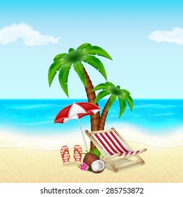 Summer vacation background. Tropical palm tree, deck chair, umbrella, slippers and coconut with flower. EPS10 vector