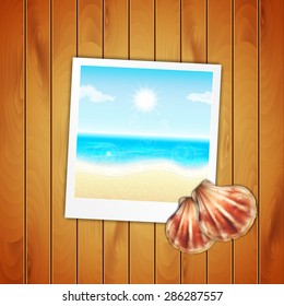 Summer vacation background. Tropical sea and beach. Photo frame and sea shells. EPS10 vector