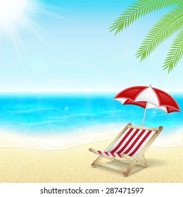 Summer vacation background. Tropical sea, sun and beach with umbrella and deck chair. Palm tree. EPS10 vector