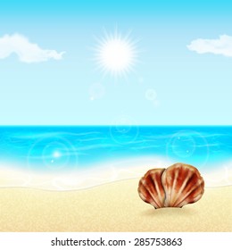 Summer vacation background. Tropical sun, sea and beach with sea shells. Summer holidays. EPS10 vector