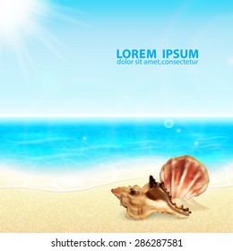 Summer vacation background. Tropical sun, sea and beach with sea shells. Summer holidays. EPS10 vector