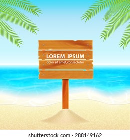Summer vacation background. Tropical background with wooden plank and palm leaves. EPS10 vector