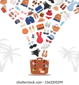 Summer vacation bag packing, vector illustration. Seaside leisure clothes and accessories in flat style, swimsuit, sandals, sunglasses and hats. Ready for vacation trip to sea and beach, travel bag