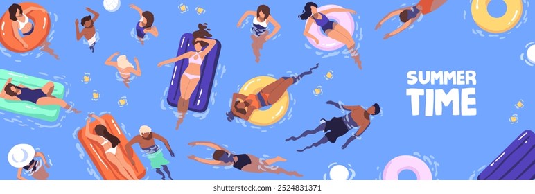 Sommerurlaub Banner Design. Menschen, die auf aufblasbaren Kreisen im Schwimmbad treiben. Touristen sonnen sich auf Gummimatratzen im Wasserpark. Männer, Frauen entspannen sich im Seebad. Flache Vektorgrafik