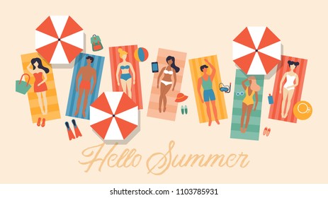 Summer vacation banner design with small people characters tanning on beach. Top view vector background.